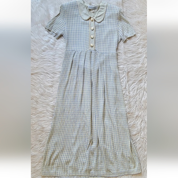 Jessica Howard 10 Vtg 80s Tea Dress Back Bow Yellow Blue Cottagecore Checked - Picture 2 of 11